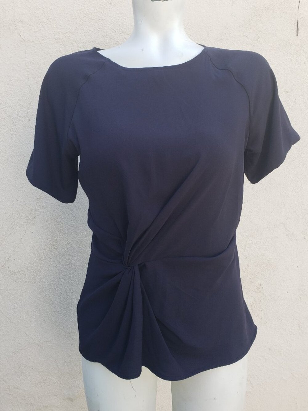 Ann Taylor dramatic drape front short sleeve navy blue blouse
